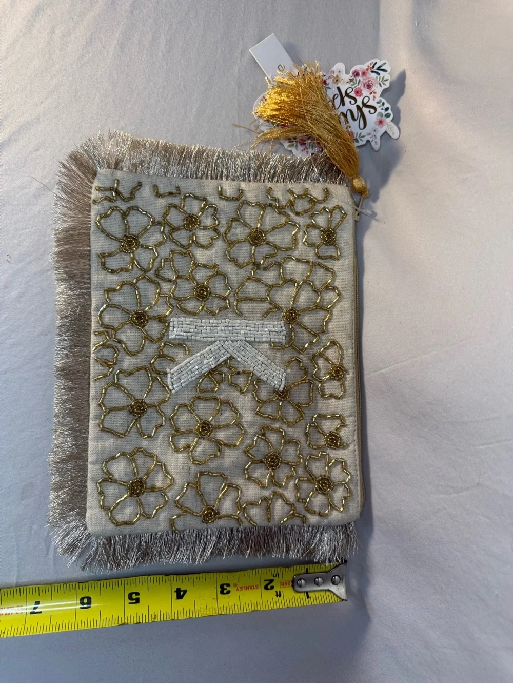 Source Unknown Ivory and Gold Beaded Floral Cosmetic Pouch with Tassel
